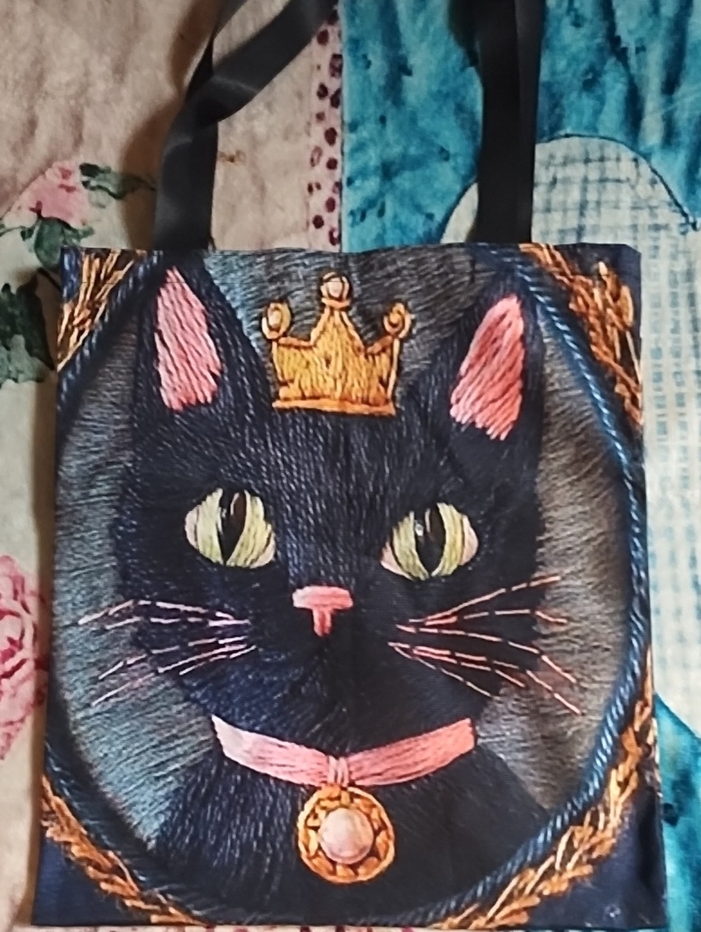 Black Cat Tote Bag with Pink Accents and Gold Crown - Unbranded